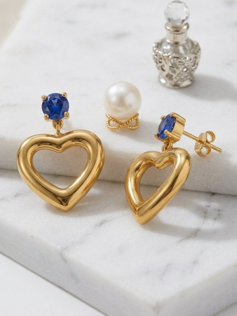 18K Gold Plated Puffy Heart Drop Earrings Blue CZ Stud Coquette Glam Statement - Picture 11 of 15